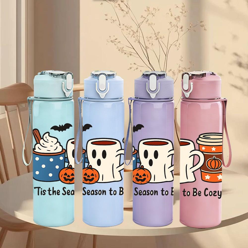 1PC Fall Coffee Cup Ghost 750ml Color Plastic Sports Water Bottle Leakproof Flip Straw Lid Suitable for Sports Office Home Use