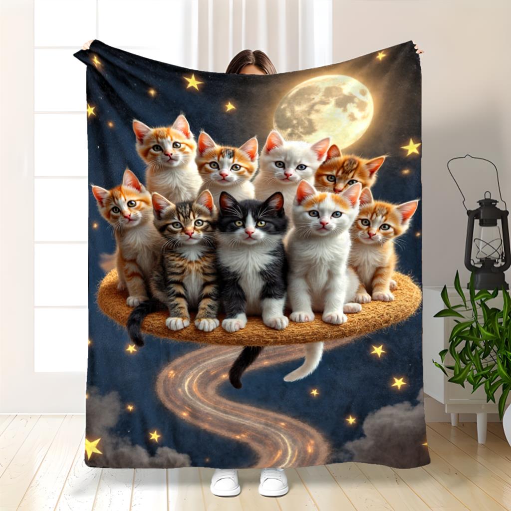 Starry Sky and Cat Pattern Flannel printed blanket suitable for all seasons suitable for living room office sofa and travel