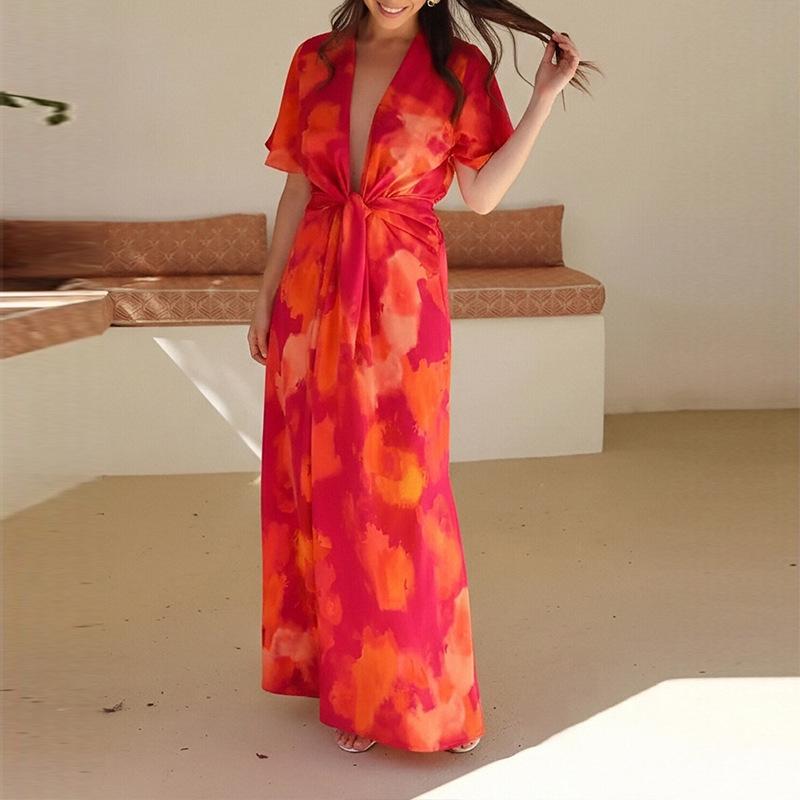 Summer new women's clothing, European and American dresses, fashionable and casual vacation style lace-up loose long skirts