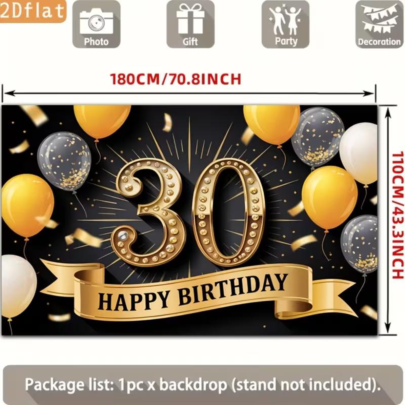 2D 30th Happy Birthday Backdrop, Black Background with Golden Number 30 and Balloons