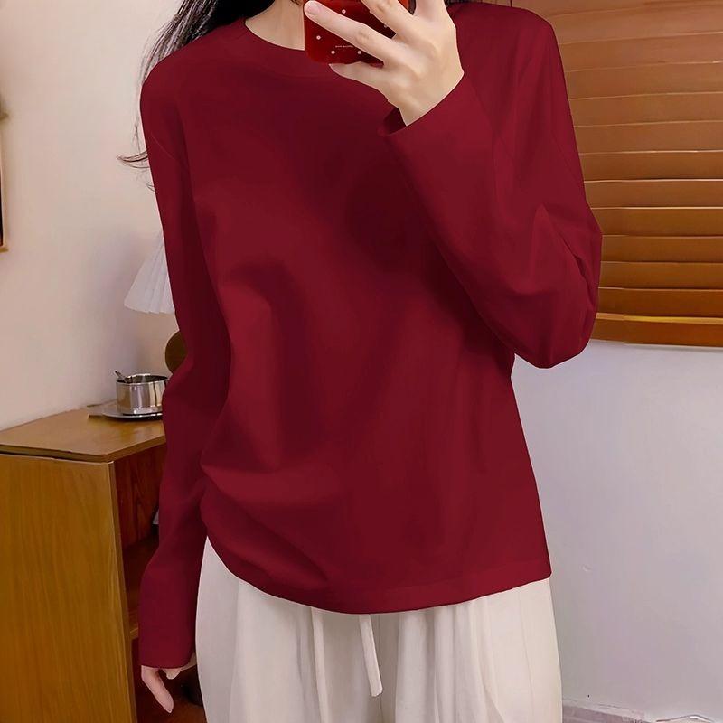 Cotton Round Neck Long Sleeve T-shirt Womens Autumn Fashion Basic White Top Loose Fit Casual Tee