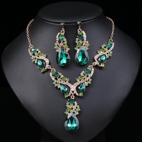Women Necklace Earrings Rhinestone Luxury Hollow Symmetric Retro Set Out Anti-allergy Hanging Earrings Bridal Wedding