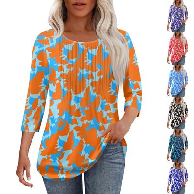 Tricou de damă la modă casual plisat cu gât rotund, casual, cu imprimeu floral, cu mâneci trei sferturi