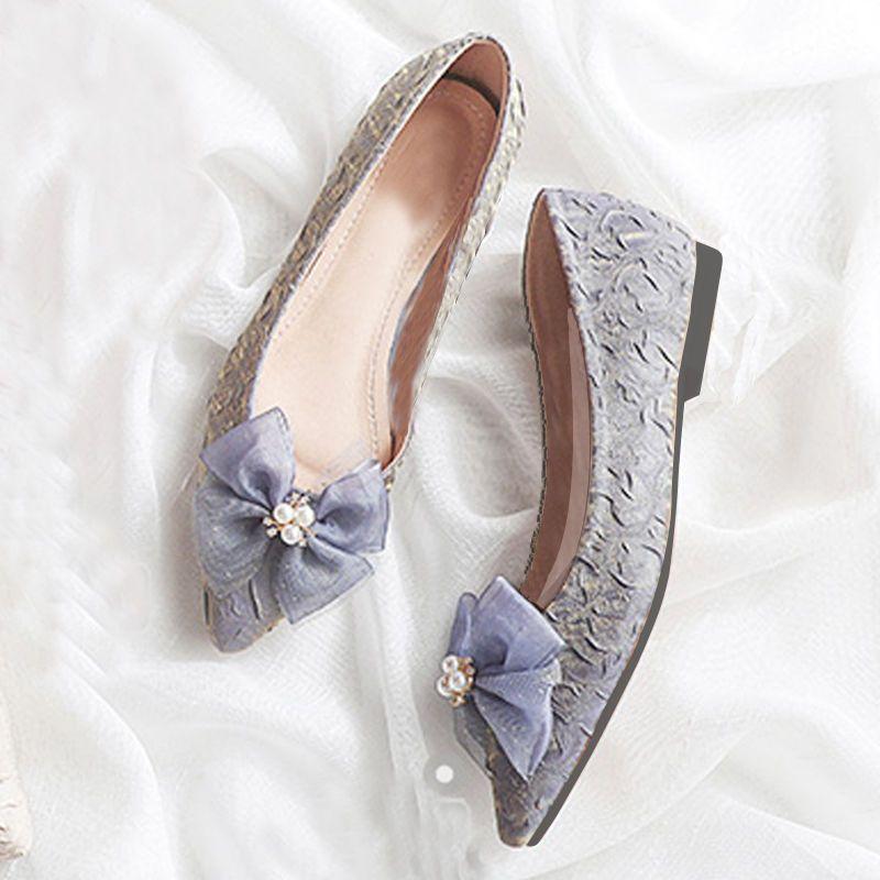 

Модные кружевные туфли-балетки с жемчугом и бантом, с острым носком, женские, популярные, социальные, элегантные, тренд 2025, корейский стиль, модная женская обувь 40