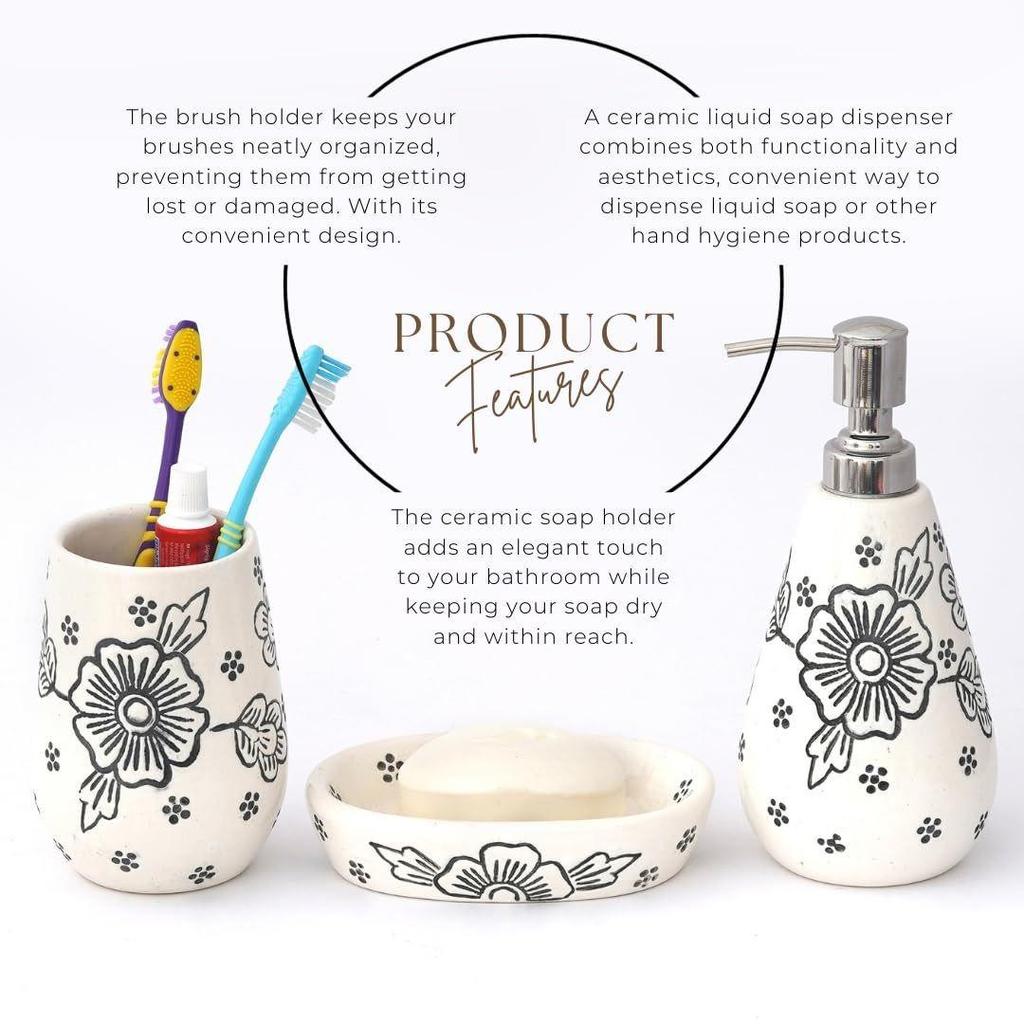 Premium Ceramic Bathroom Accessories Set of 3 | Modern Luxury Bath Set with 300ml Soap Dispenser, Toothbrush Holder & Soap Dish | Home Decor Items