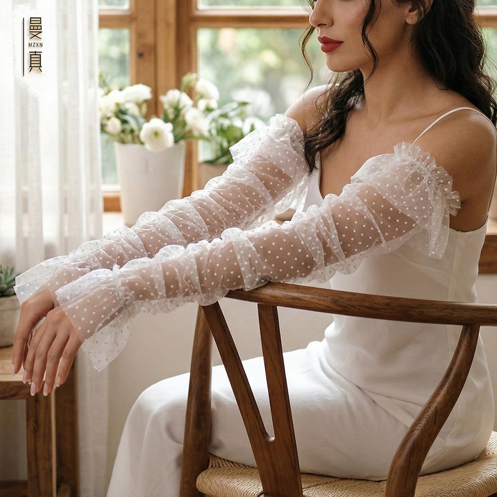 Detachable Off Shoulder Polka Dot Tulle Long Sleeves Ruffle Puff Arm Covers Removable Bridal Sleeve Cuffs For Strapless Wedding Gown Photoshoot