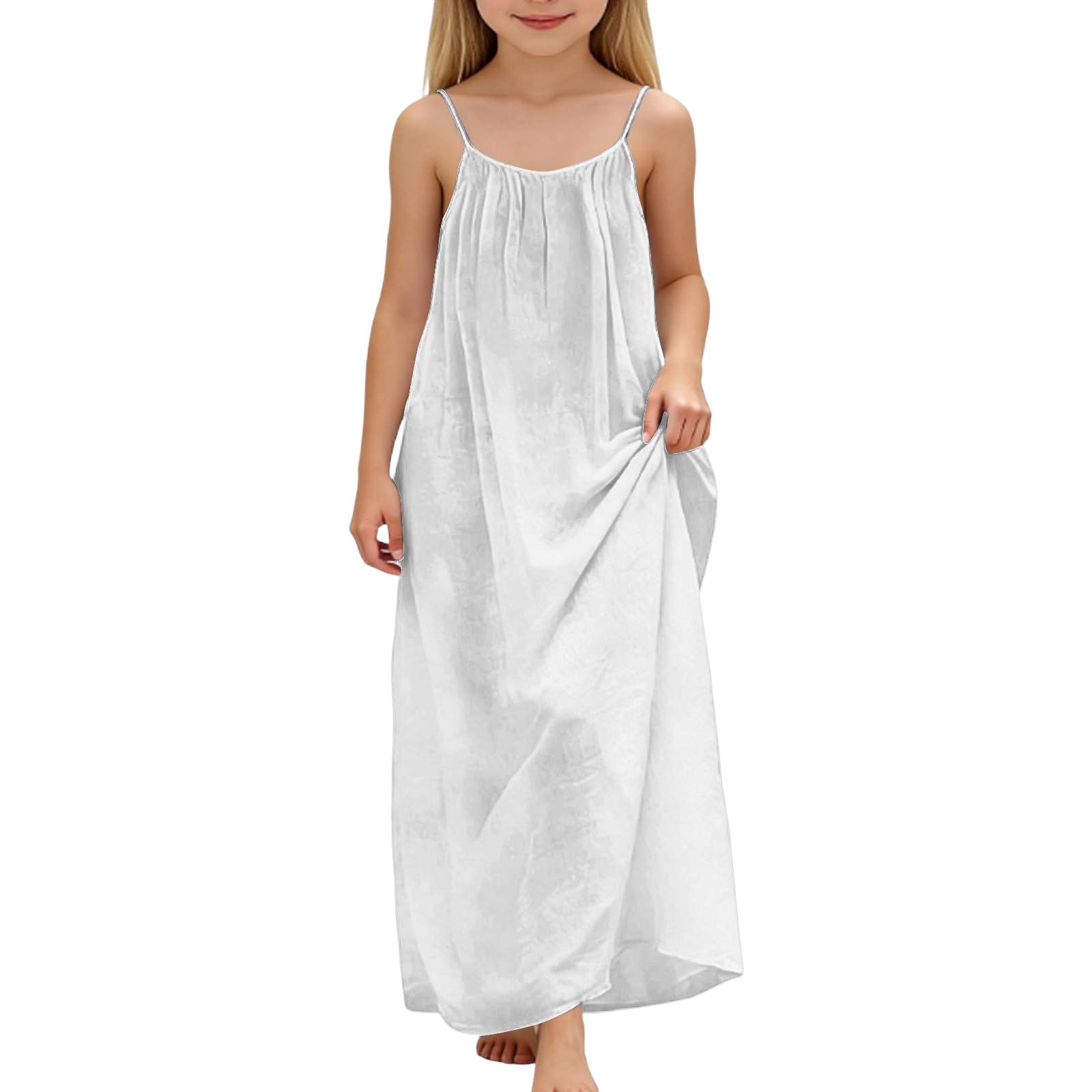 

Children s Casual Round-Neck Sleeveless Backless Cotton-Linen Long Dress 130 білий