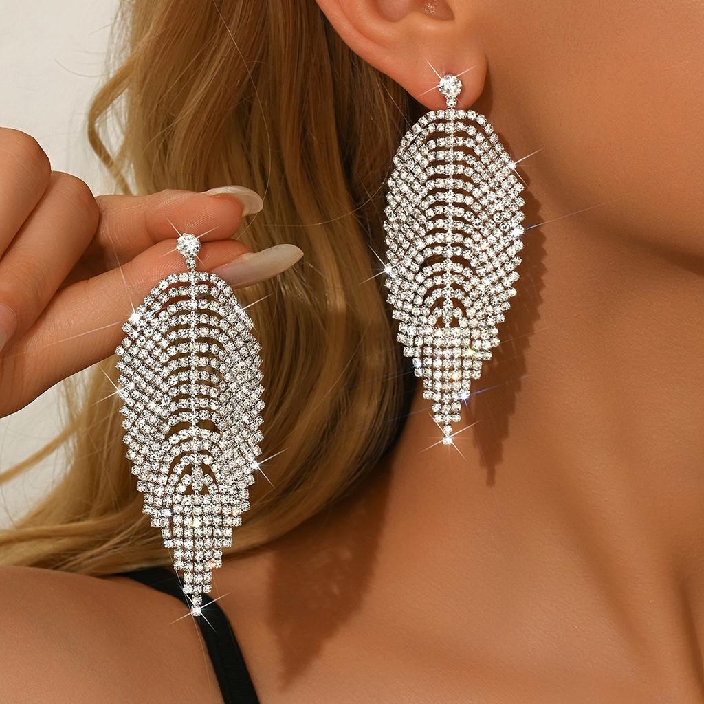 Fashionable Rhinestone Geometric Feather Earrings with High-end and Personalized Design Earrings for Women