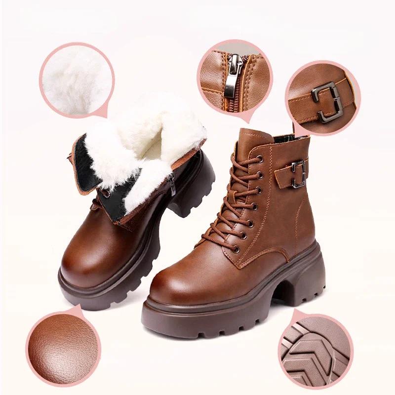 Snow Boots Women's Winter Genuine Leather Wool Cotton Boots Thick Soled Short Boots Warm Cotton Shoes