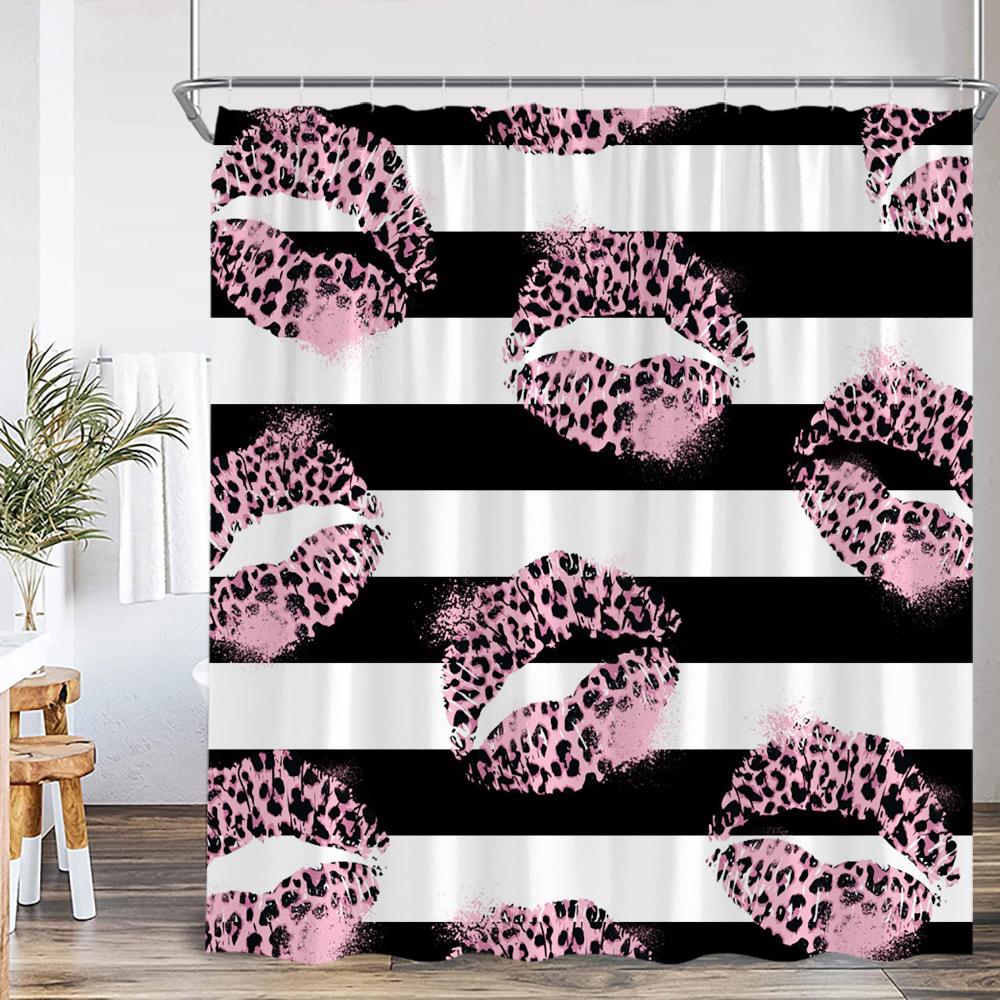 Perfume Black White Stripes Shower Curtains Pink Flowers Beauty Red Lips Leopard Bathroom Decor Modern Polyester Bath Curtains