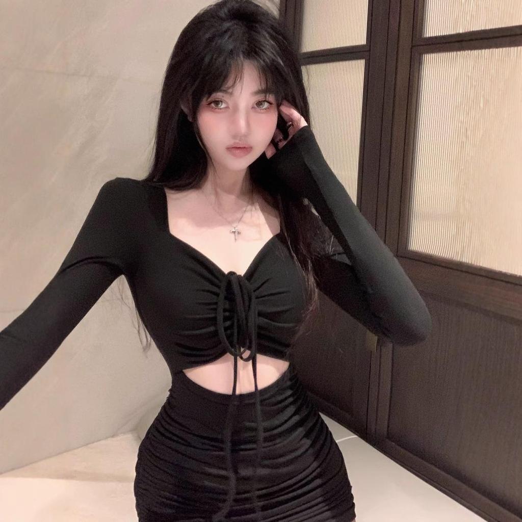 2025 Spring & Autumn French Retro Sexy Bodycon Drawstring Dress for Women