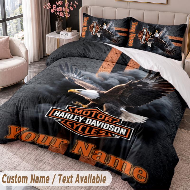 Harley-Davidson Printed Bedding Set Custom Name Text 1 Duvet Cover 2 Pillowcases For Bedroom