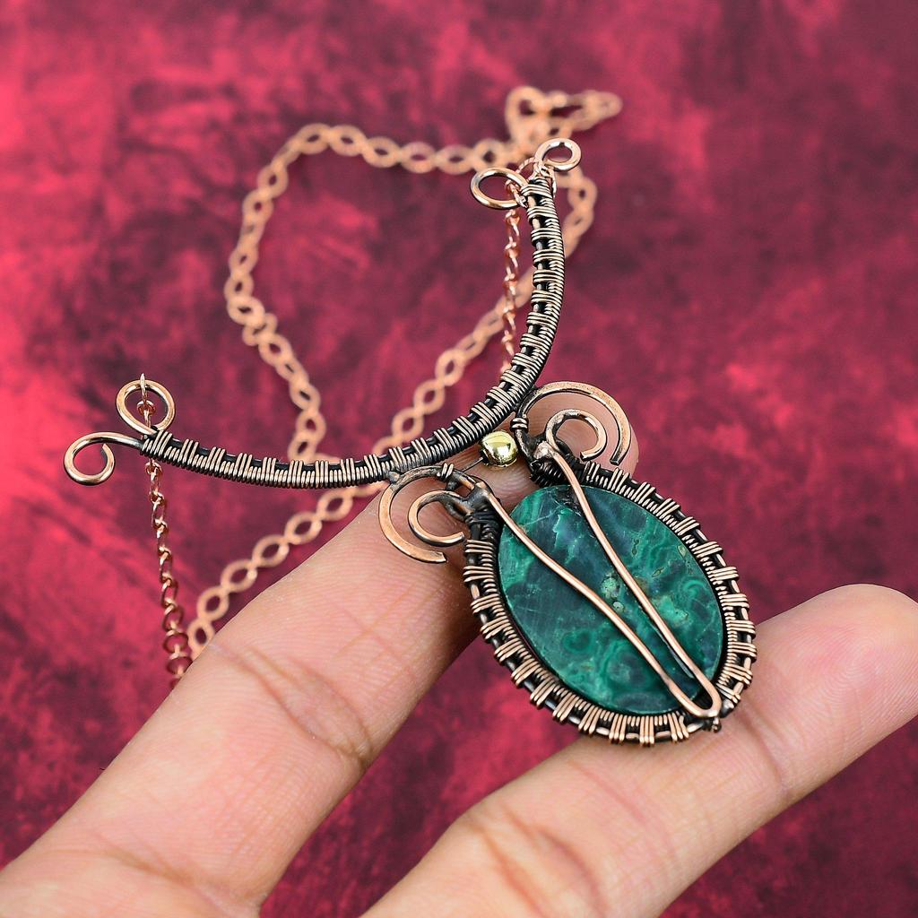 Malachite Necklace Copper Wire Wrapped Gemstone Necklace Adjustable Chain Necklace Handmade Necklace Copper Wire Wrap Jewelry Wedding Gifts