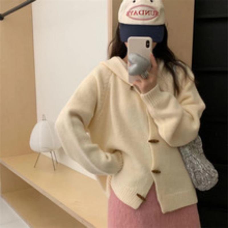 Lazy Wind Loose Horn Button Sweater Jacket Women's Autumn and Winter New Design Sense Hooded Outer Wear Knitted Cardigan Top