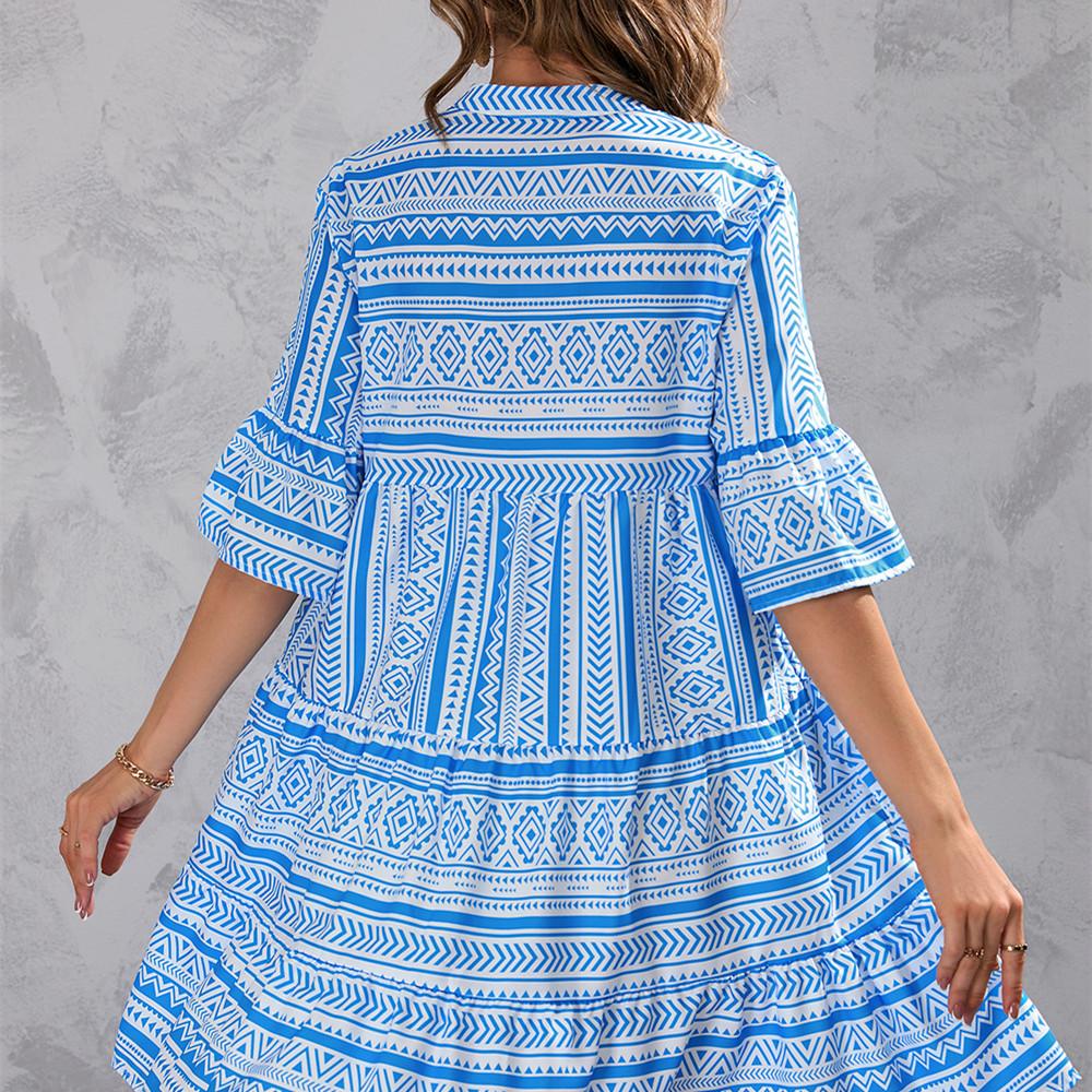 QICED Damenmode Sommer Frühling Rautendruck Kurzarm V-Ausschnitt Hohe Taille Freizeitkleider