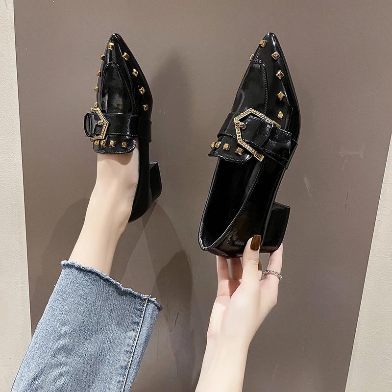 Women's Spring New Slip-on Single Shoes Pointed Toe Block Heel Rivet Metal Buckle Simple Kitten Heel Shoes