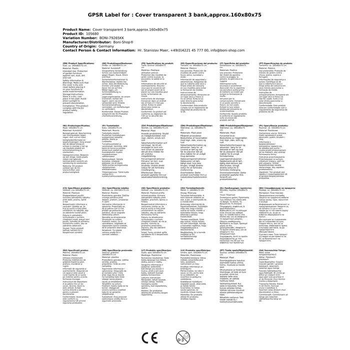Transparent 3-seater Protective Cover, Approx. 160x80x75