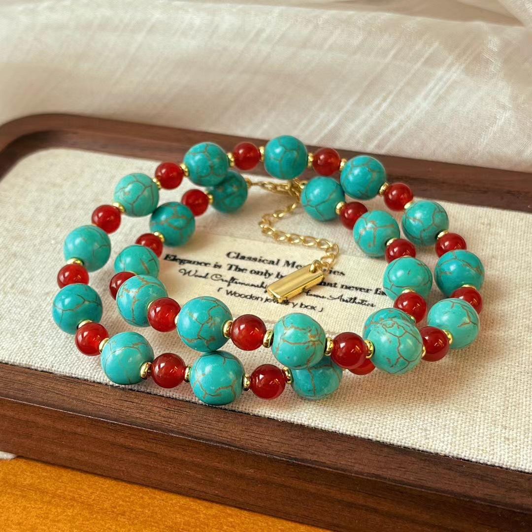 National Style Retro Atmosphere Natural Chalcedony Agate Artificial Turquoise Gypsy Collarbone Chain Necklace