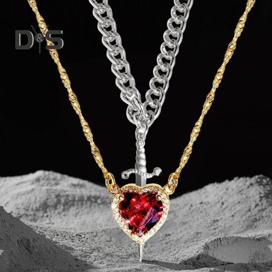 Couple Necklace Cubic Zirconia Heart Matching Necklace Romantic Through The Heart Couple Jewelry for Him Her Valentine's Day Gift