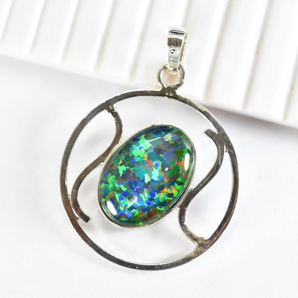 Natural Opal Pendant Multicolor Oval Cut 42 ct 925 Sterling Silver October Birthday Birthstone