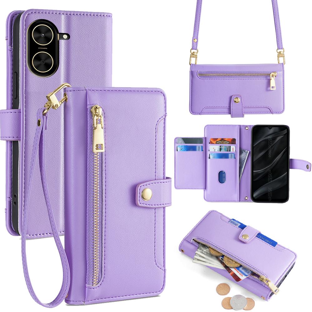 

Для Xiaomi Redmi A5 4G (171,7 мм) Кожаный чехол-кошелек с карманом на молнии и чехол для телефона с 2 ремешками Purple