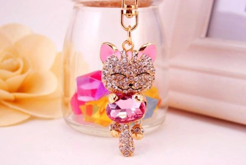 [BERUKO] Soothing, Smiling, Cute Cat, Happy Kitty, Sparkling Stone Keychain (Pink)