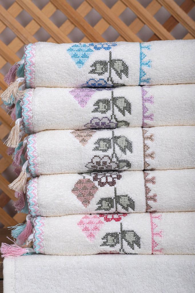 Set of 6 Cross Stitched Flower Embroidered Hand and Face Towel Set with Tassels, Gift Dowry Hand and Face Towel Set 50 X 90 Cm