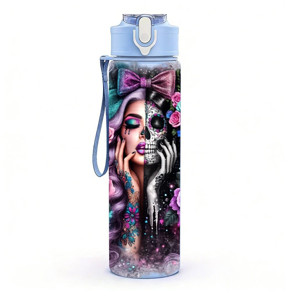 1PC Dark Flower Lady Portrait Print 750ml Color Plastic Sports Water Bottle Leakproof Flip Straw Lid Suitable for Sports Office Home Use