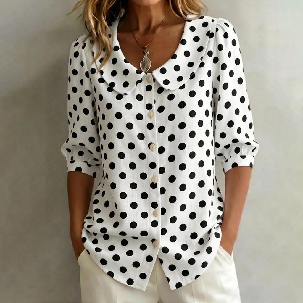 Womens Casual Loose Fit Polka Dot V Neck Blouse with Long Sleeves Button Down Design and Collar for Everyday Wear