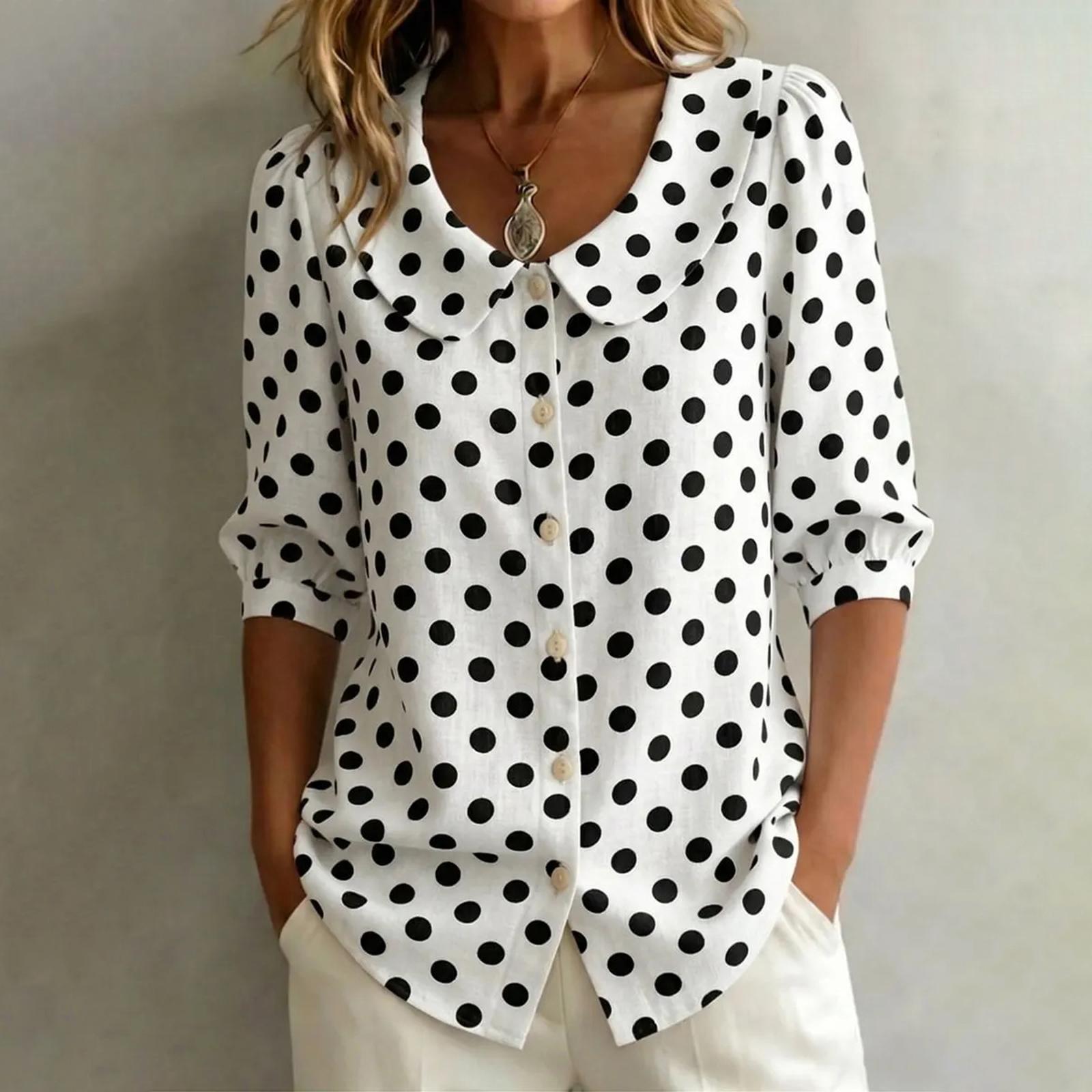 

Women Casual Loose Fit Polka Dot Print Blouse V Neck Button Down Shirt Long Sleeve Lightweight Top for Everyday Wear M белый