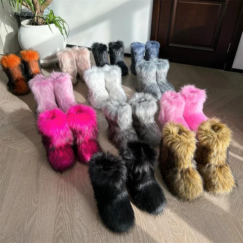 Fashion New Winter Fur Onepiece Raccoon Fur Female Snow Boots Fur Shoes Outdoor Mid Leg Boots