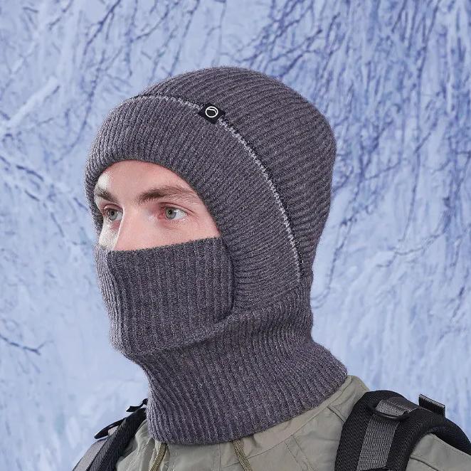 WTEMPO Men's Autumn Winter Ear/Face Protection Knitted Hats Cold-proof Windproof Outdoor Cycling Hats Solid Color Thick Warm Plush Inner Woolen Hats