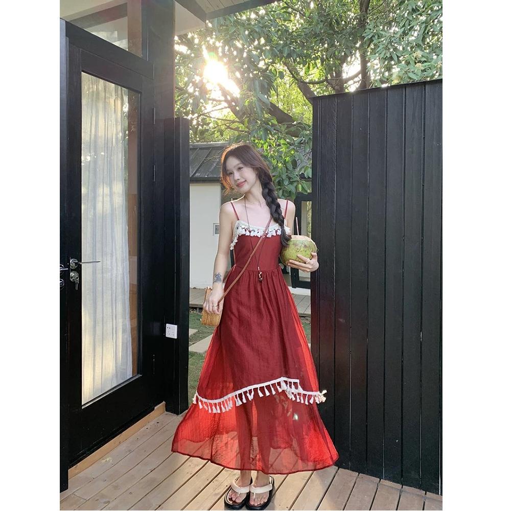 Holiday Wind Fringe Splicing Suspender Dress Women's Summer New Waist Irregular Gentle First Love Long Dress