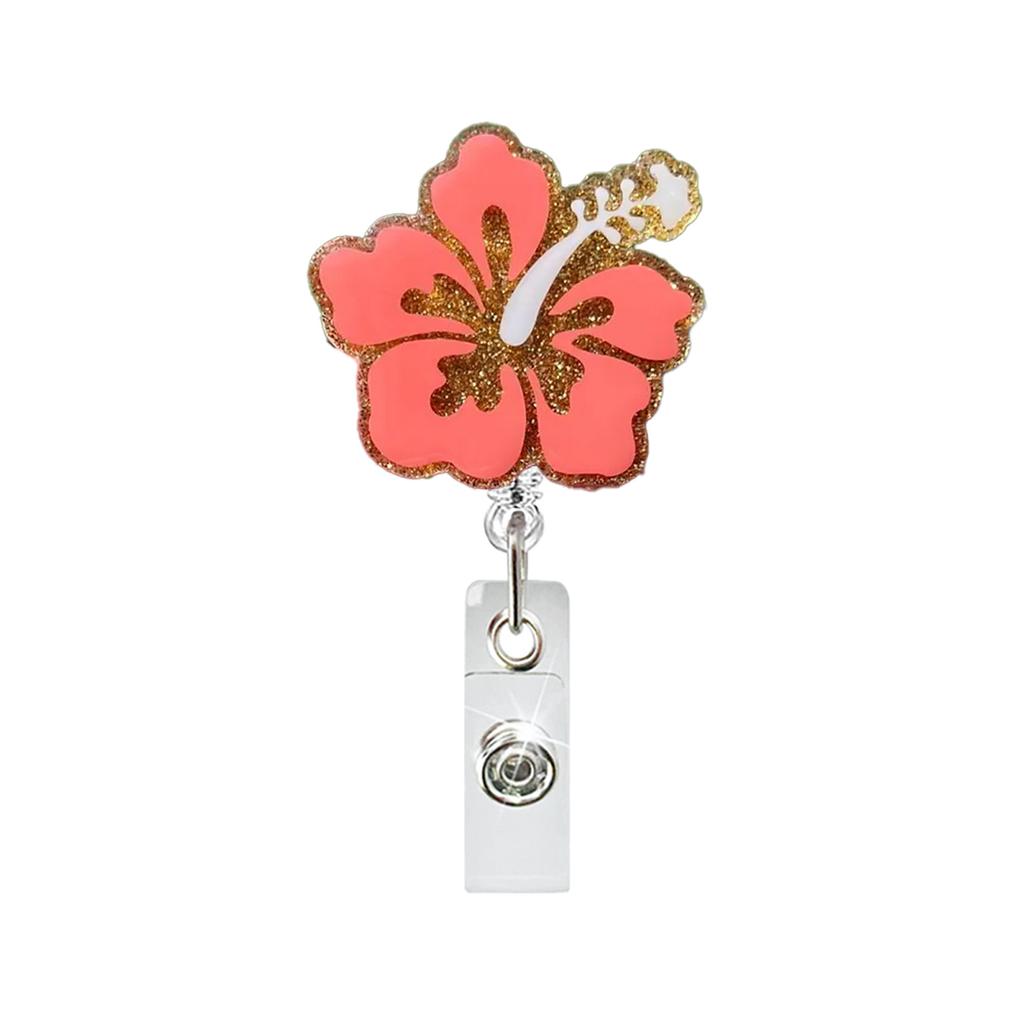 Glitter Hibiscus Badge Reel Retractable ID Holder Acrylic Alligator Clip Healthcare Worker Nurse Office Trade Show Gift Supplies