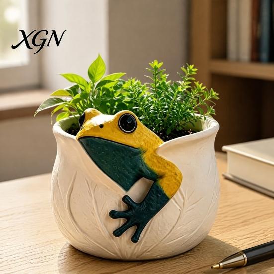 Sturdy One Piece Resin Pot for Greenery 3D Frog Planter, Cute Animal Plant with Leaf Vein Pastoral Style Container Tabletop Textures, Decorative