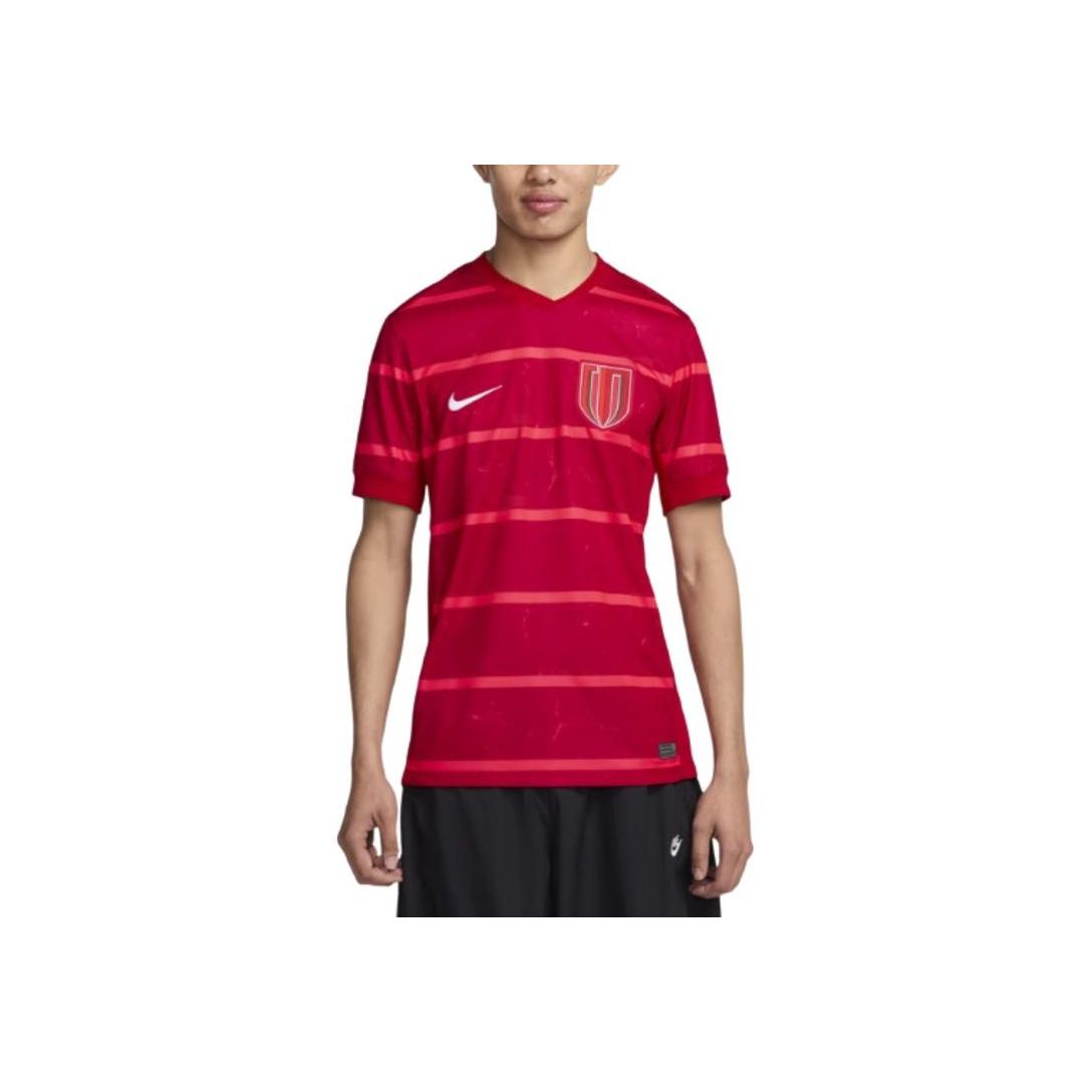 

Nike Dri-Fit Чэнду Жунчэн Удобная полосатая футболка с коротким рукавом для футбола Мужские топы Фитнес-Красный Лазерно-Красный Белый HM6166-687 M