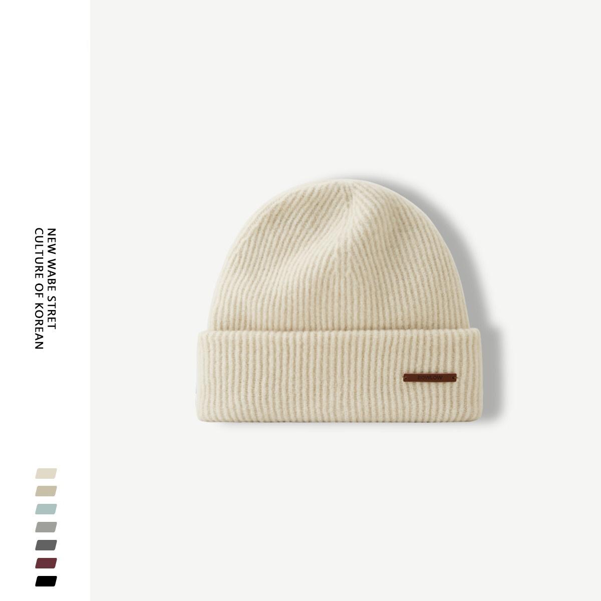 

Осенне-зимняя теплая двухслойная шерстяная шапка с защитой от ушей, та же модная вязаная шапка с кожаной этикеткой и фирменной надписью для мужчин и женщин M (56-58cm) BOWLOW double layer