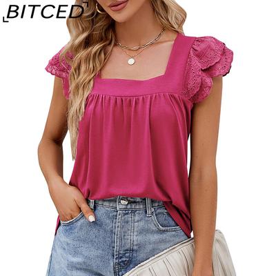 Women's Short Sleeve Solid Color Patchwork Square Collar Slim Summer Knitted Short Sleeve T-shirt Women