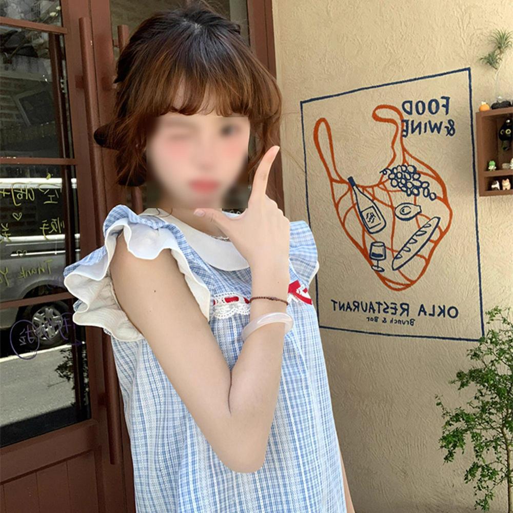 

Корейское милое платье в голубую клетку с воротником-куколкой и маленьким рукавом-фонариком, женское, маленькое, летнее, новое, свободное, с юбкой с бантом XL- (recommended 110-60kg)