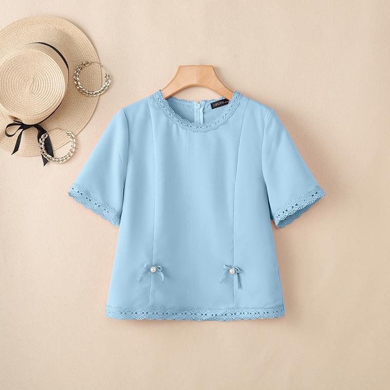 ZANZEA Women Lace Splice Round Neck Casual Short Sleeve Blouse