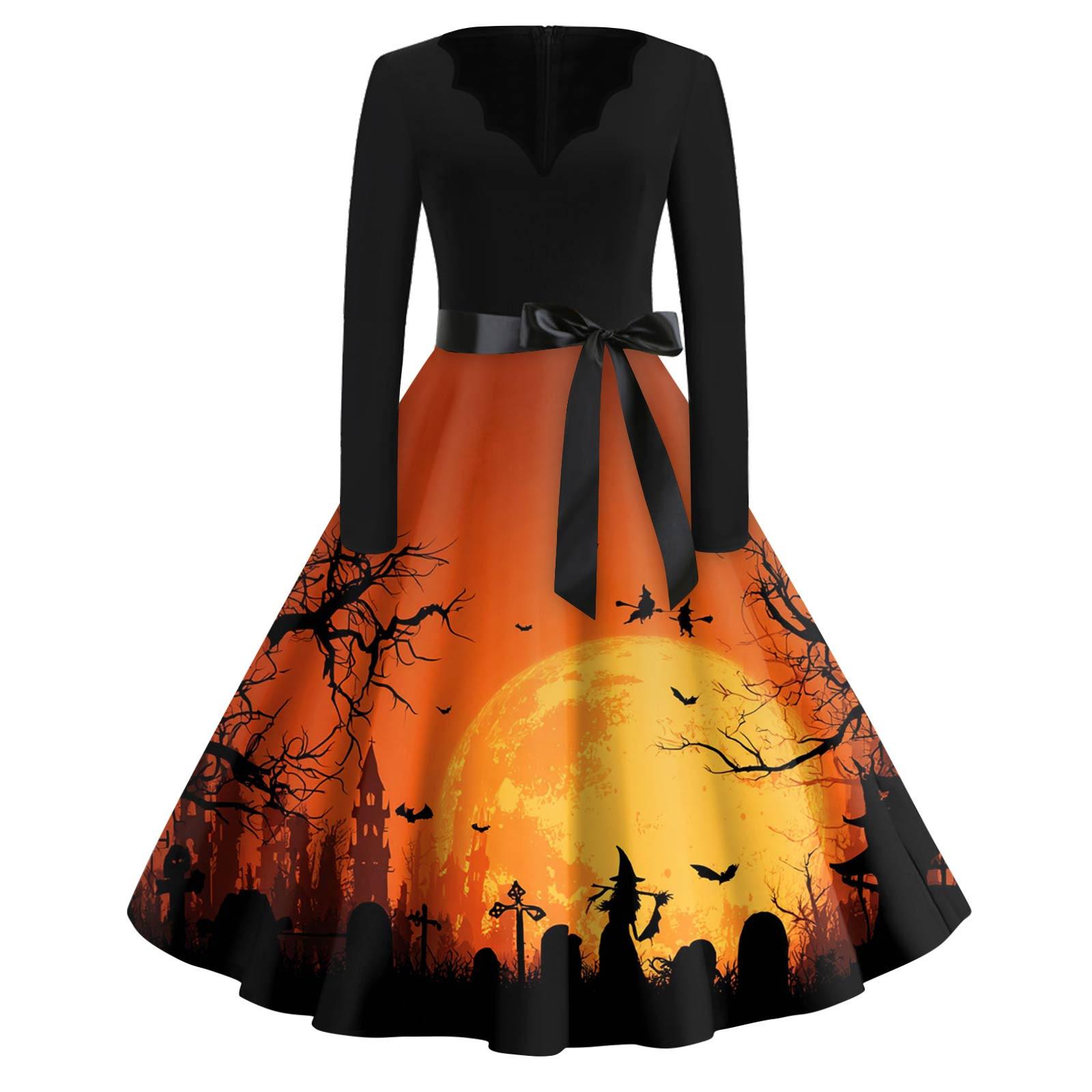 

Жіночі модні повсякденні тонкі сукні з довгими рукавами з принтом на Хеллоуїн з V-подібним вирізом L жовтий