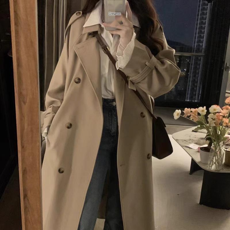 Women's Popular Khaki Trench Coat - British Style, Mid-Length, Petite Fit for Spring & Autumn 2025