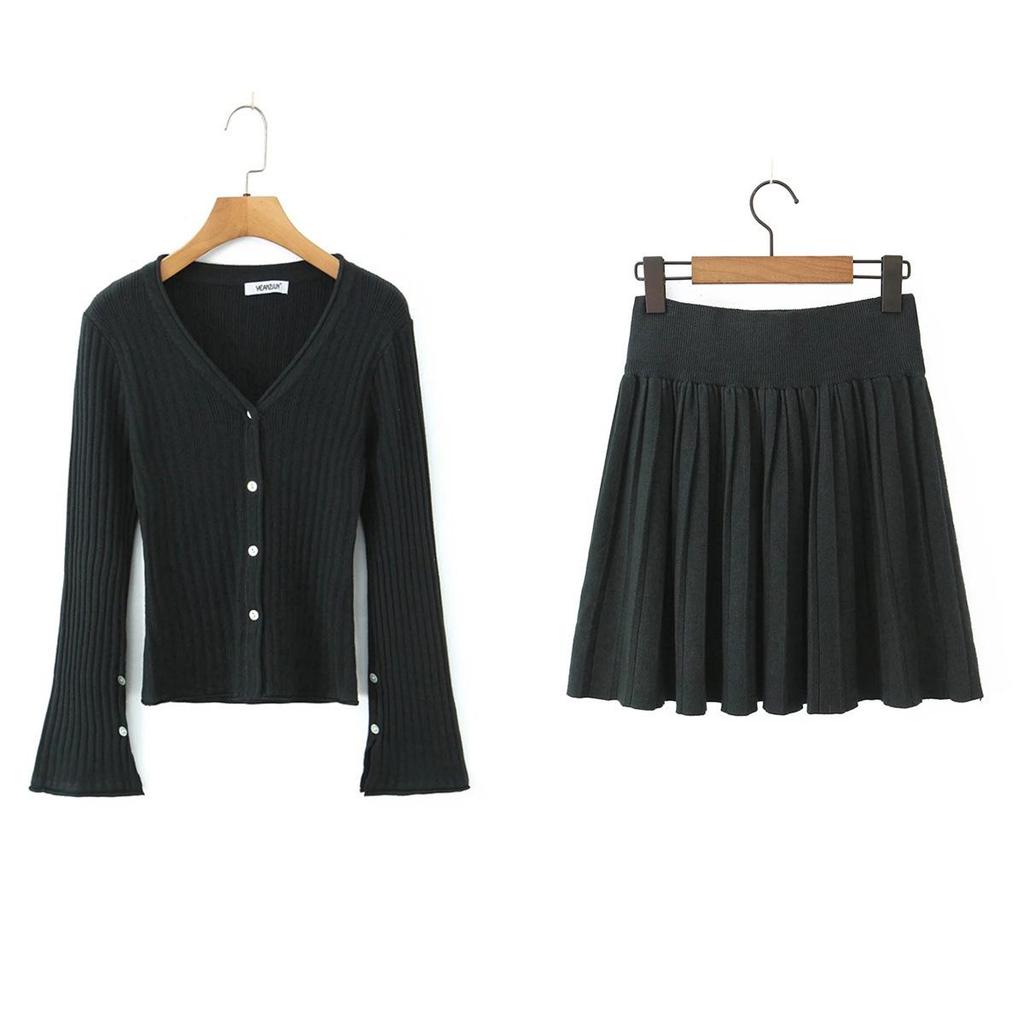 Korean Retro V-Neck Cardigan & High Waist Pleated Skirt Knit Set