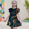 Girls Galaxy Printed Round Neck Flutter Sleeve A Line Flared Dress