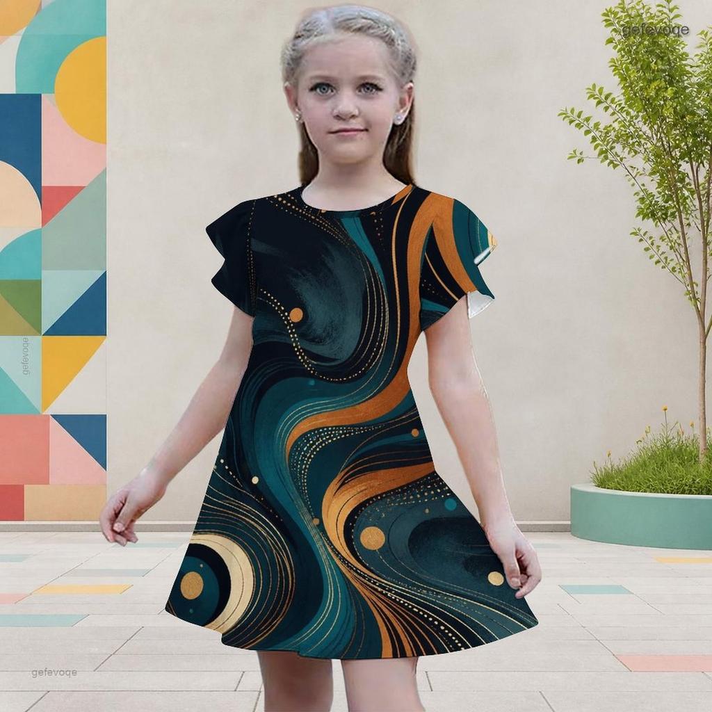Girls Galaxy Printed Round Neck Flutter Sleeve A Line Flared Dress