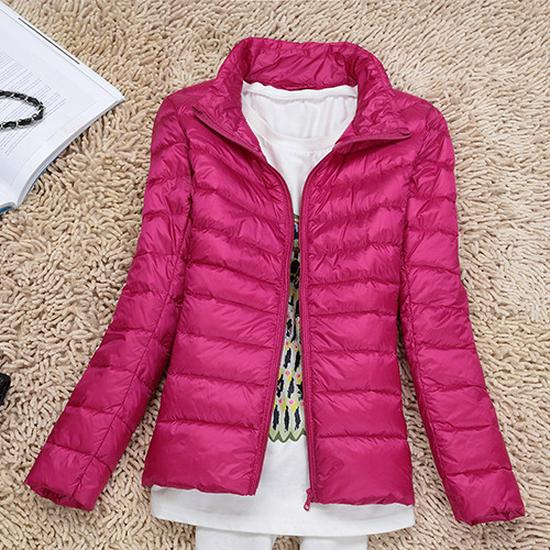 Women's Lightweight Slim Fit Down Jacket - Solid Color, Stand-Up Collar, Plus Size, Short Length