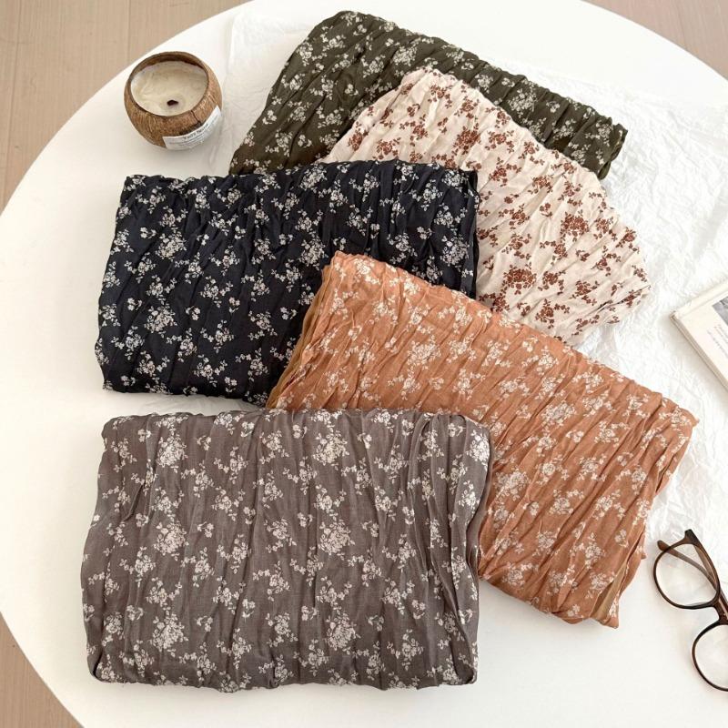 Scarf autumn and winter new floral retro pleated silk scarf neck protection warm scarf twist braid scarf shawl
