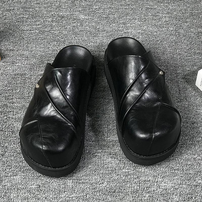2026 New Men's Casual Slippers Autumn Winter Retro Comfortable Lazy  Black Leather Shoes for Indoor Platform Sandals Daily Use