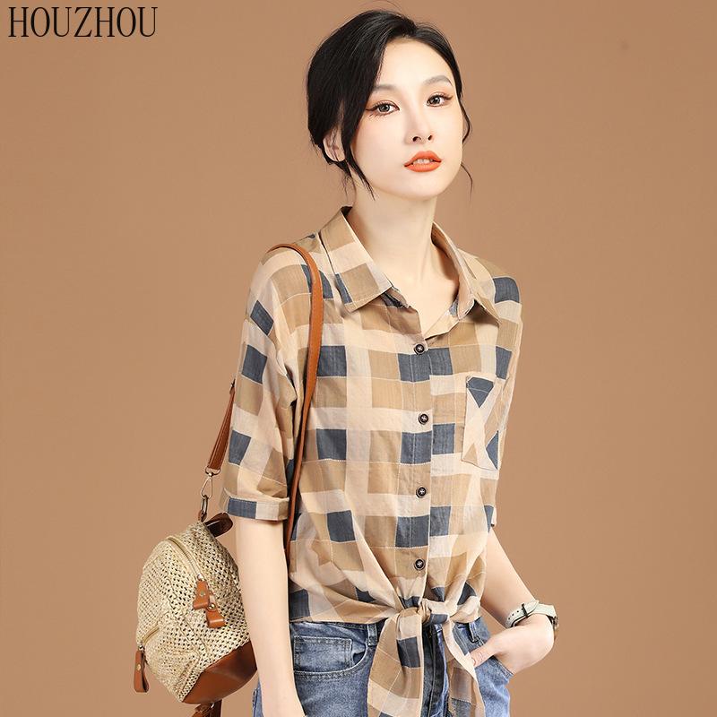 

HOUZHOU Клетчатая рубашка Женщины Отворачивающийся воротник Короткий рукав Свободный Повседневный Повседневный Французский Vinatge Офис Дамы Топы Тренд
