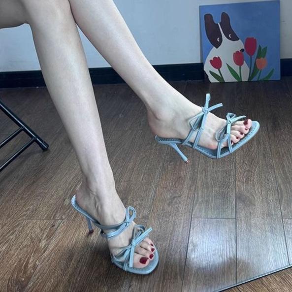 Blue Bow Sandals Women's 2025 New Summer with Skirt Straps Stiletto Beautiful High Heels Cool Slippers